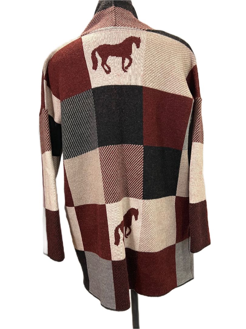 Ronner Plaid Horse Cardigan Open Front Sweater - Size Large / XL