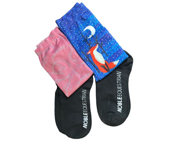 Noble Equestrian Boot Socks - (2) pairs Blue Fox and Pink Equestrian Theme Women's NEW