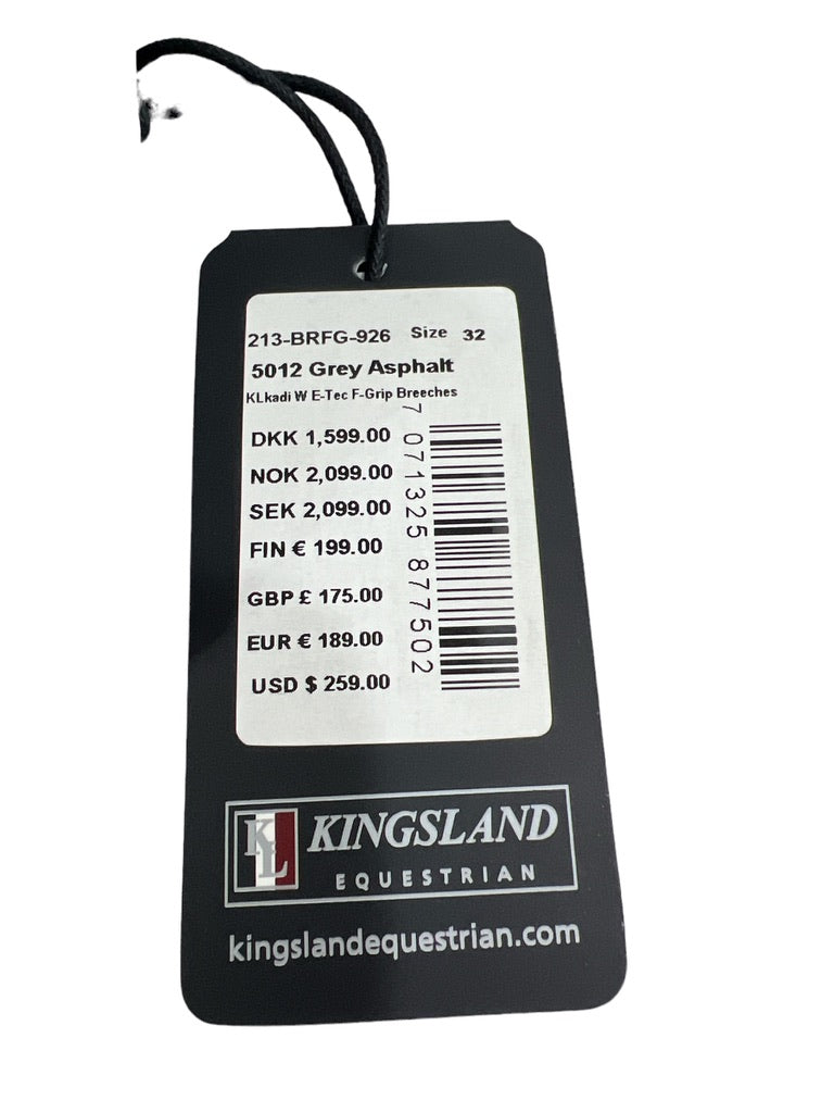 Kingsland Kadi Full Grip, High Rise Breeches, Grey Asphalt -Size EU 32/US 2 NEW