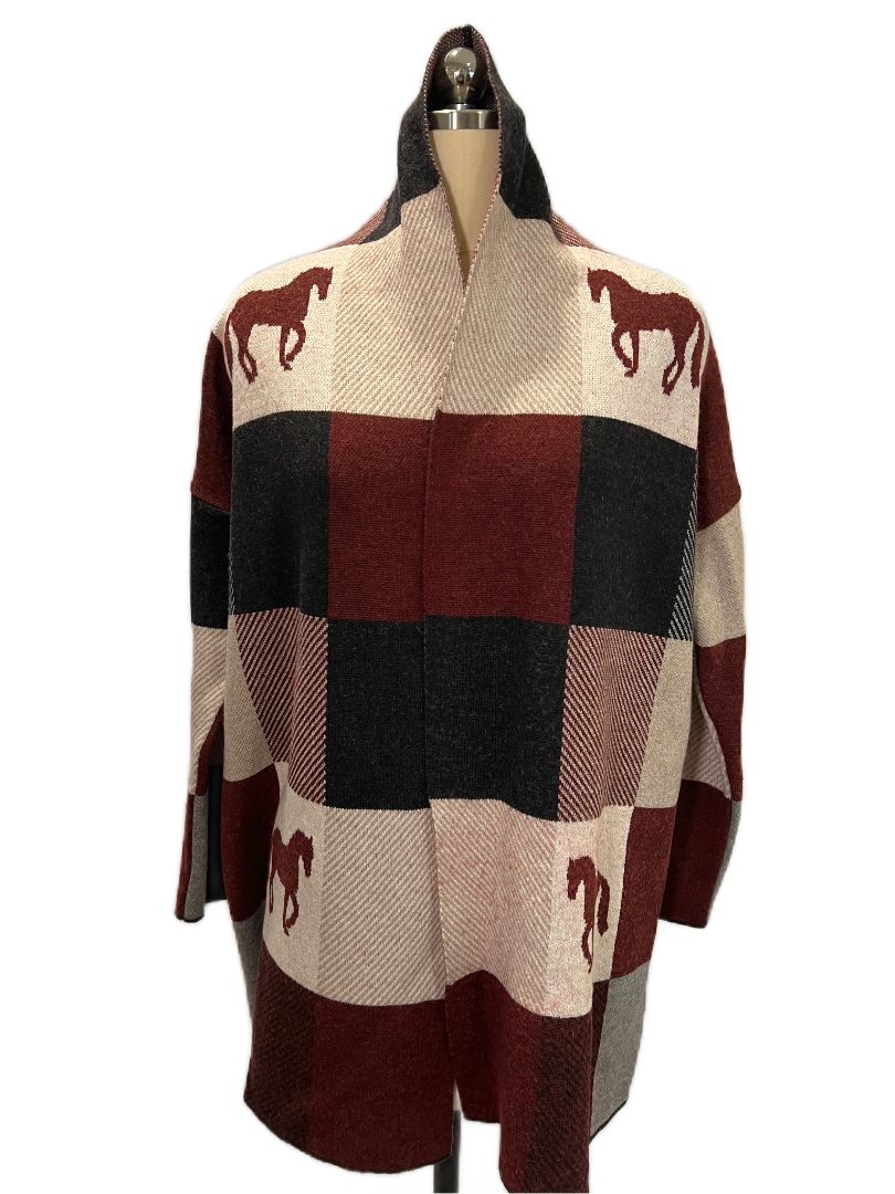 Ronner Plaid Horse Cardigan Open Front Sweater - Size Large / XL