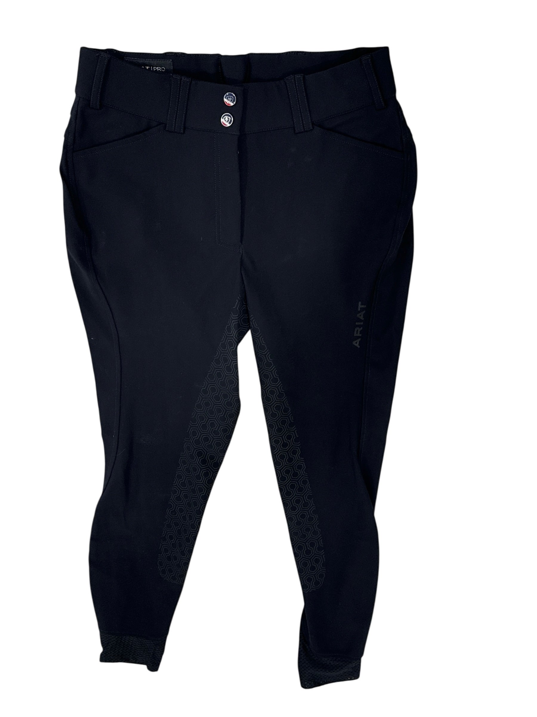 Black riding pants with a brand logo on a white background