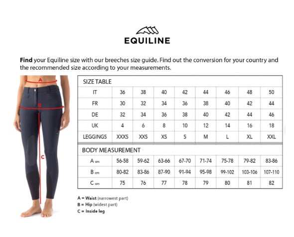 Equiline size guide for breeches with a person wearing black pants and a measurement chart.