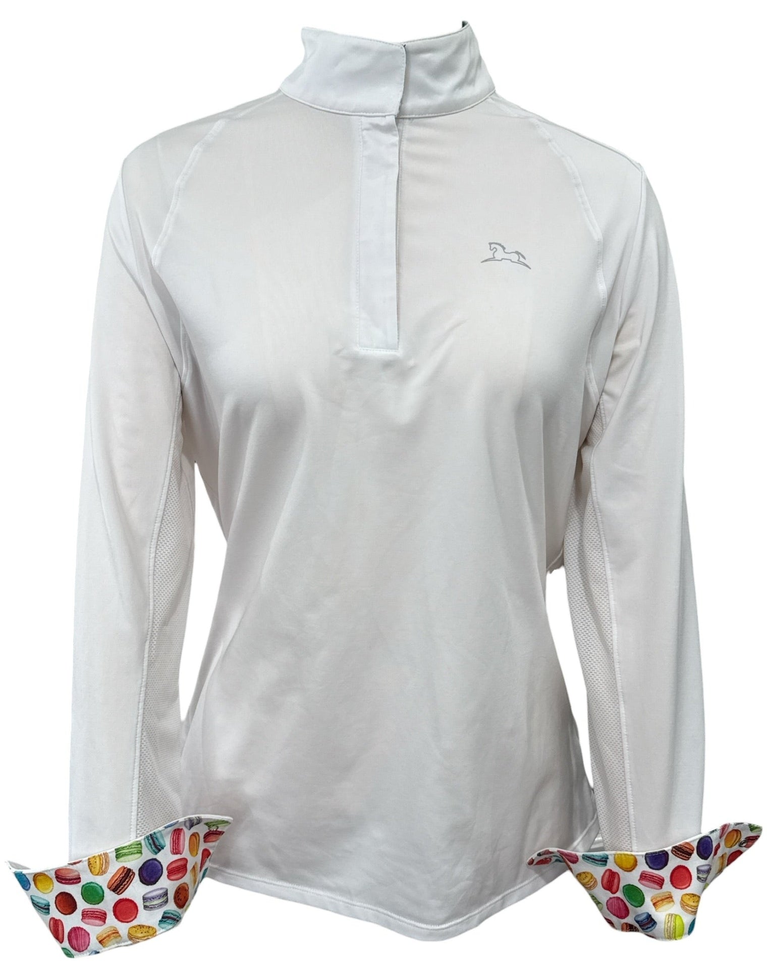 White long-sleeve shirt with colorful cuffs and hem on a white background