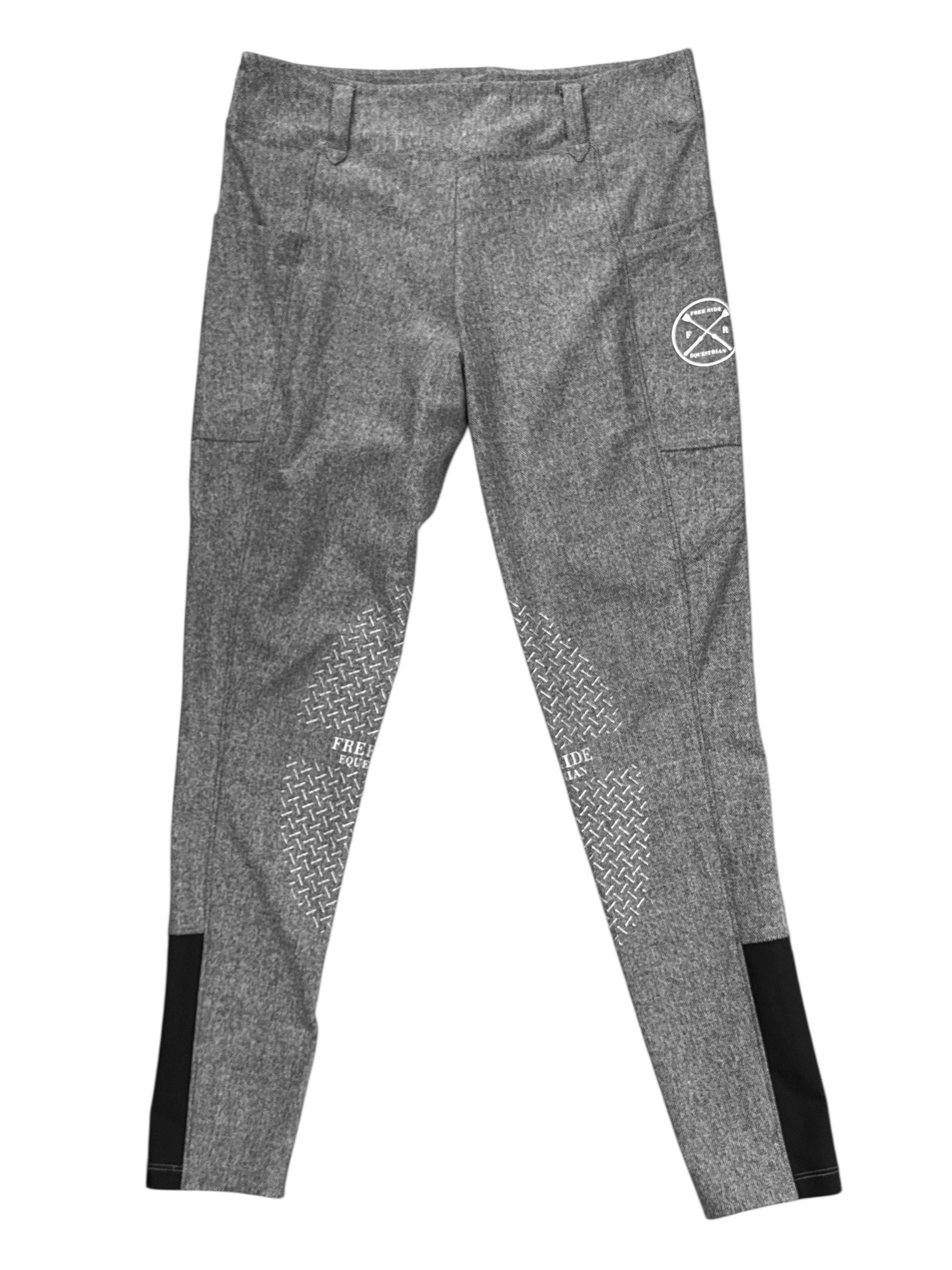 Free Ride Equestrian Lux Knee Grip Pull On Breeches, Grey Tweed Pattern, Size Large