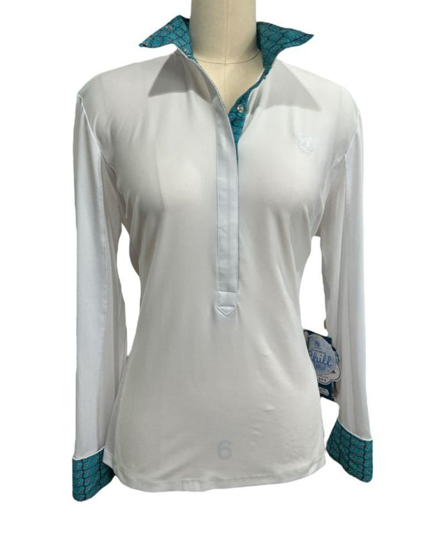 ROMFH Women's Stephanie Long Sleeve Show Shirt - Size Large White/Teal Bits NEW