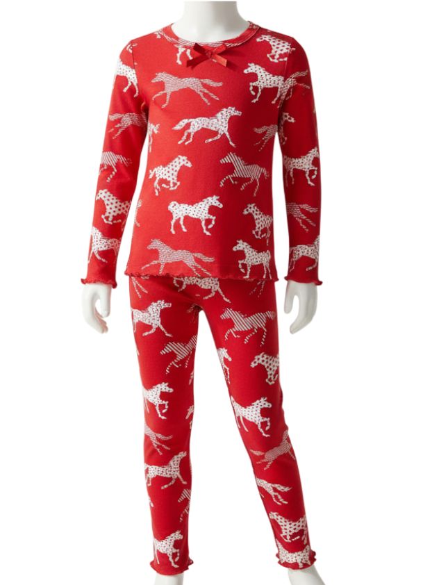 Sara's Prints Girls Snug Fit Pajamas - Red Horse Pattern/ Kid's Size 10