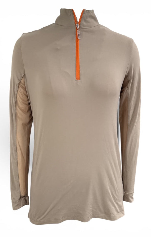 Beige long-sleeve shirt with orange zipper on a white background