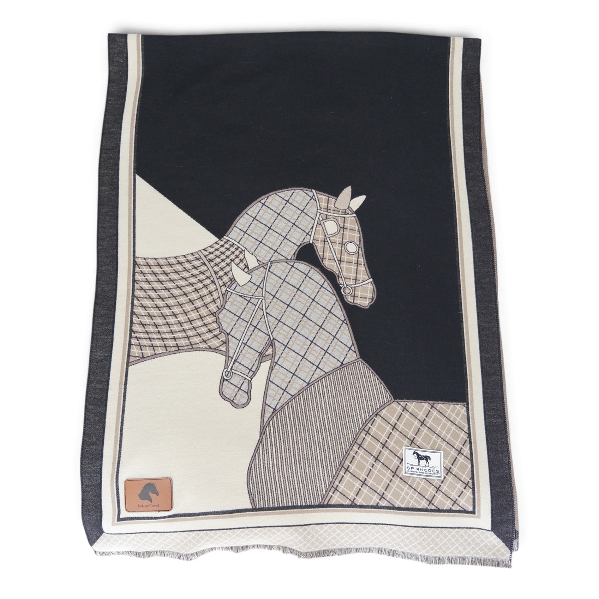 A square scarf featuring an artistic depiction of two horses in plaid and striped patterns, set against a dark navy and cream background with a fringed edge.