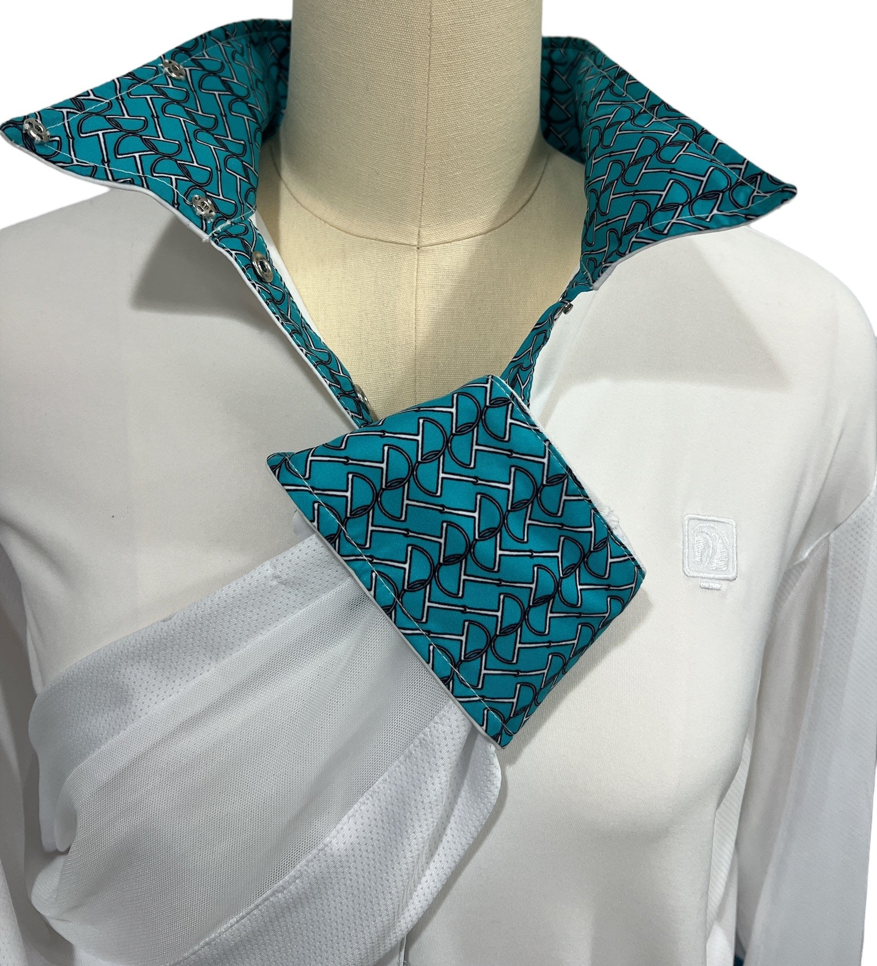 ROMFH Women's Stephanie Long Sleeve Show Shirt - Size Large White/Teal Bits NEW