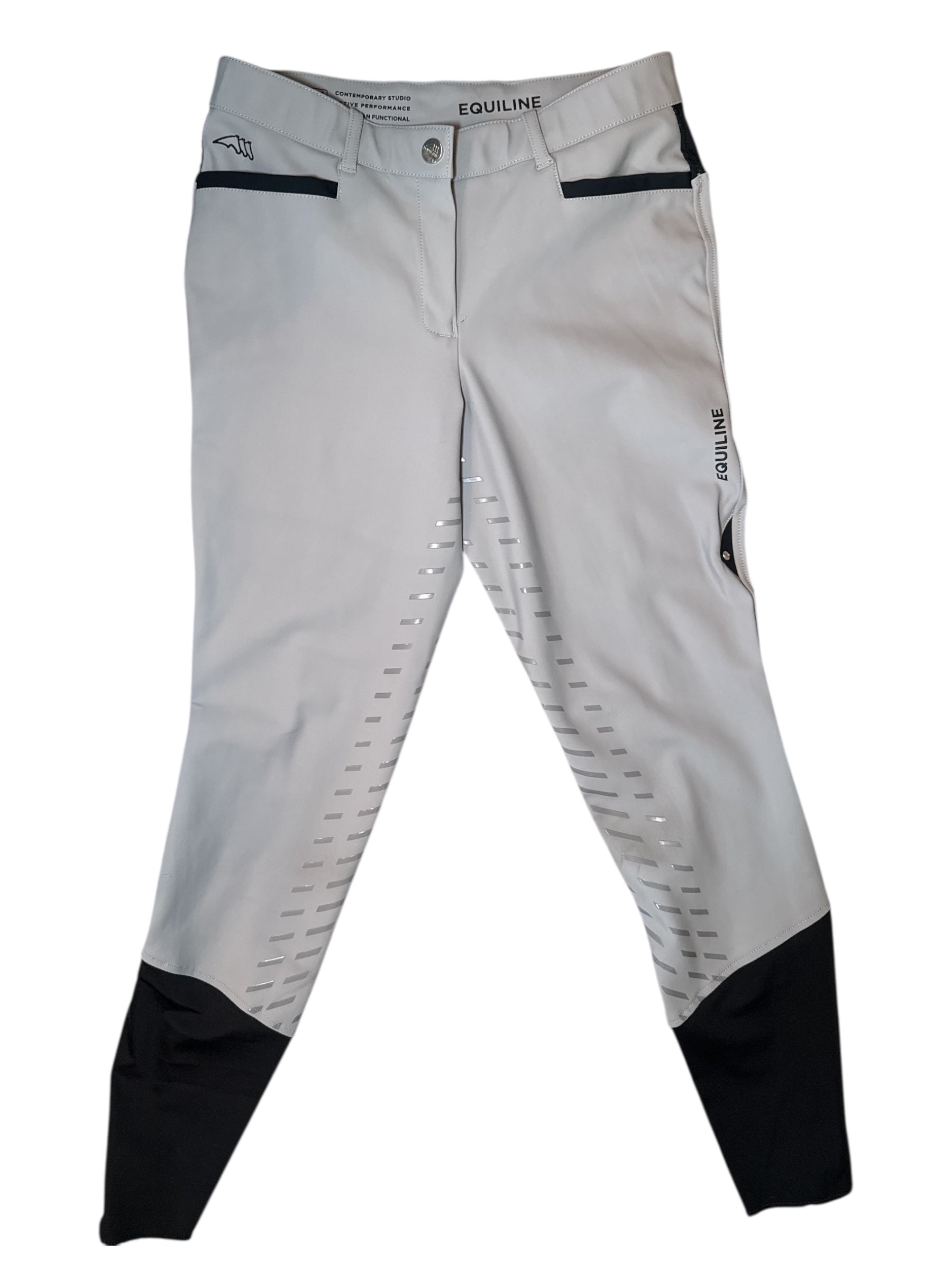 Gray equestrian pants with black accents on a white background