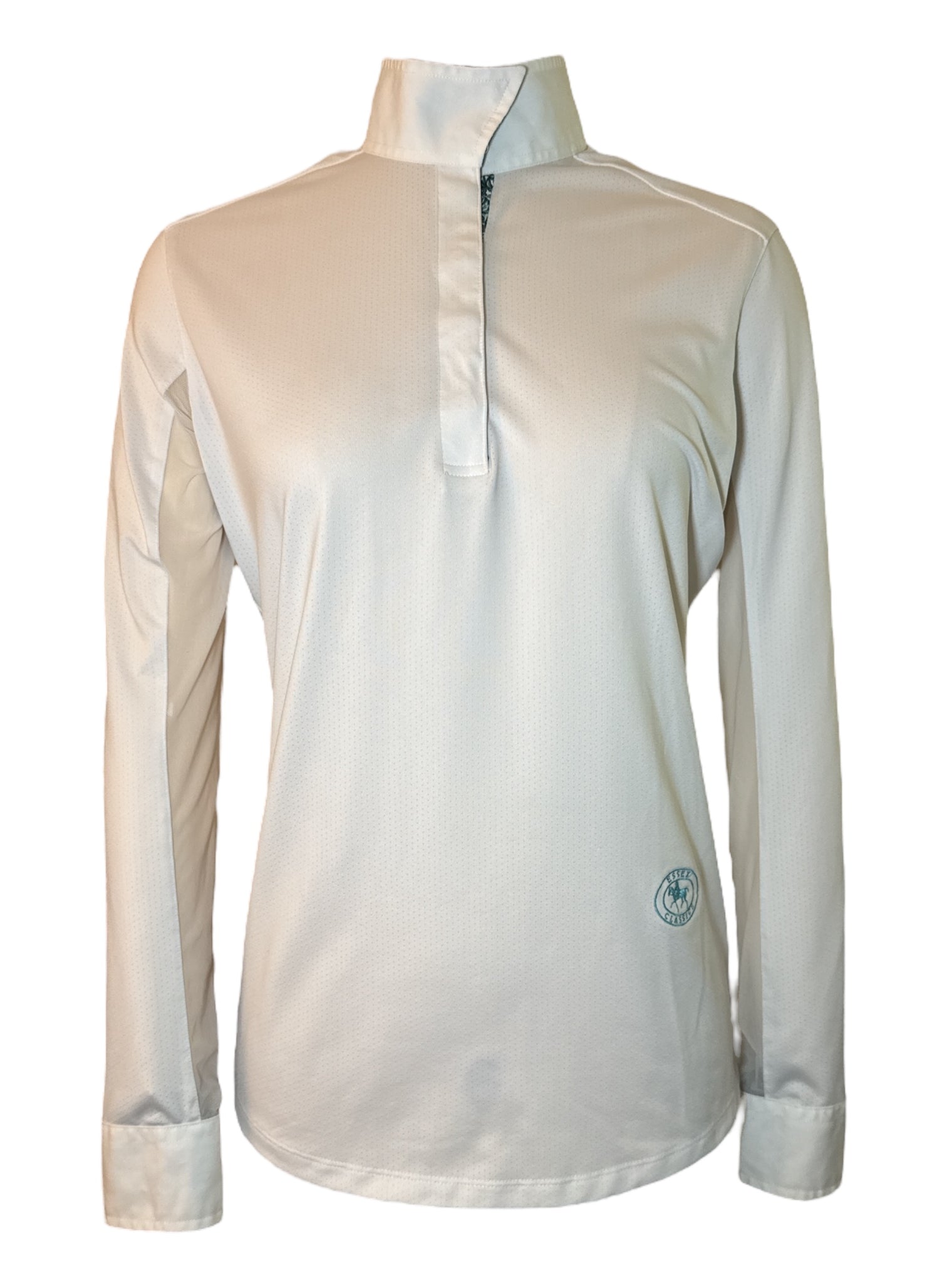 White long-sleeve shirt with a logo on a white background