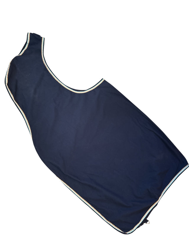 Navy blue horse blanket with white trim on a white background