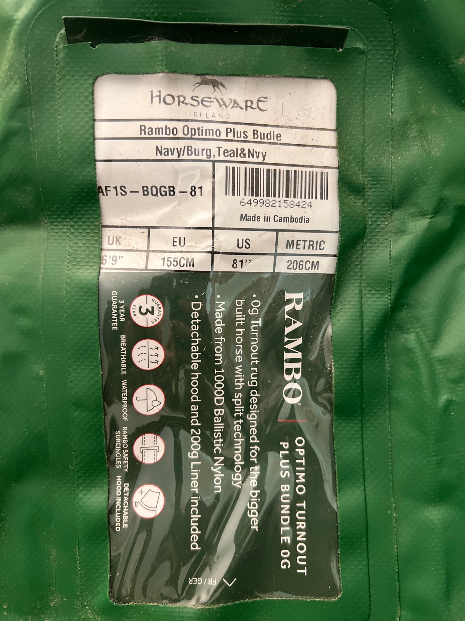 Horseware Ireland Rambo Optimo Turnout (0g Lite) Blanket Bundle - Blue / Size 81" NEW