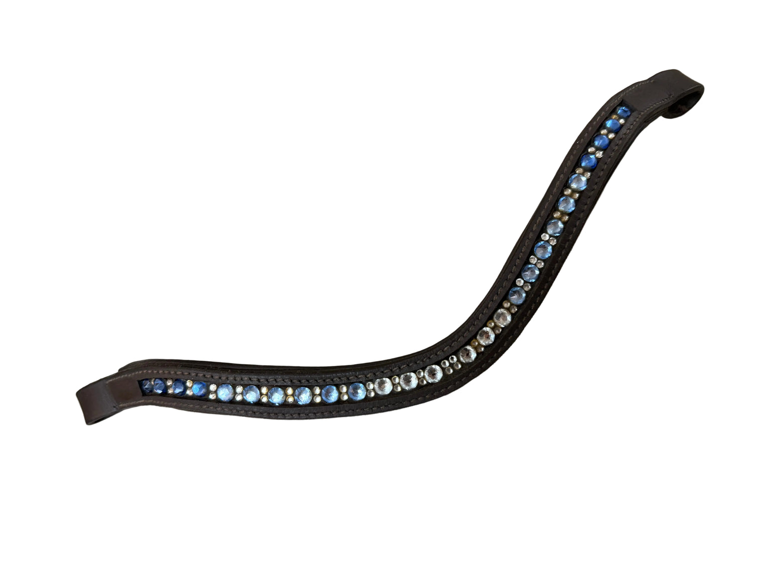 Custom V Shaped Blue Ombre Crystal Brow Band - Brown Leather / Full Size