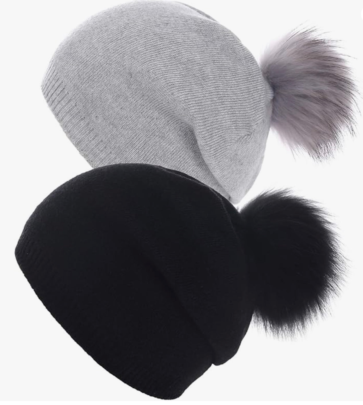 Cashmere Blend Fur Pom Pom Hat - Light Grey NEW