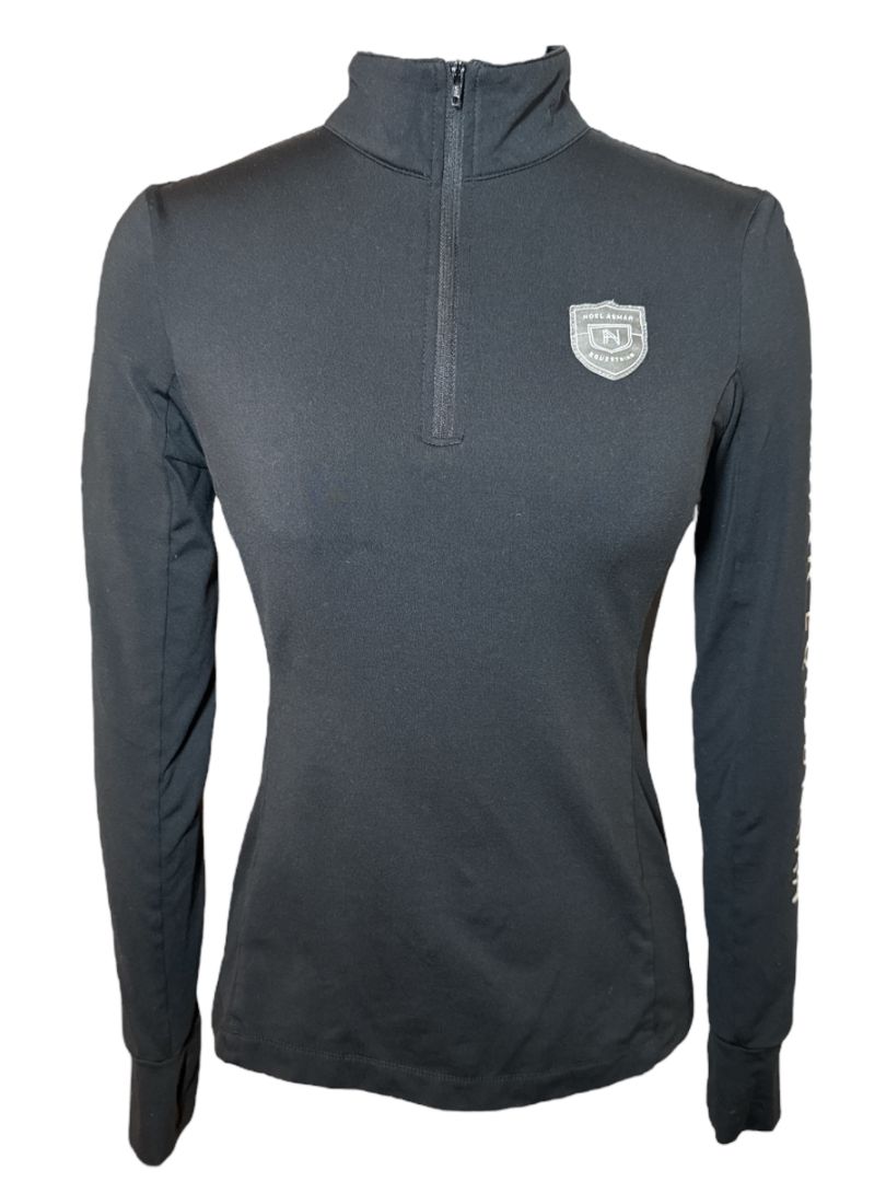 Dark gray long-sleeve shirt with a small logo on a white background