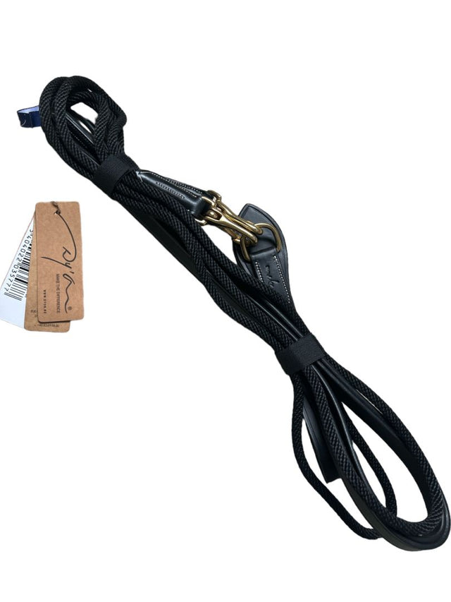 Dy’on D Collection 5/8" Leather/Nylon Draw Reins, Black Full Size Brand New
