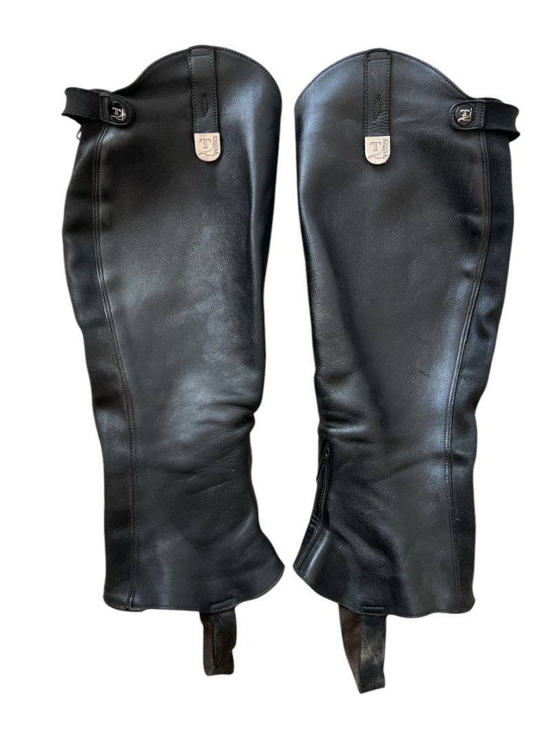 Tucci Half Chaps Leather Classic with Zipper Lock Tab - Black / Size Medium