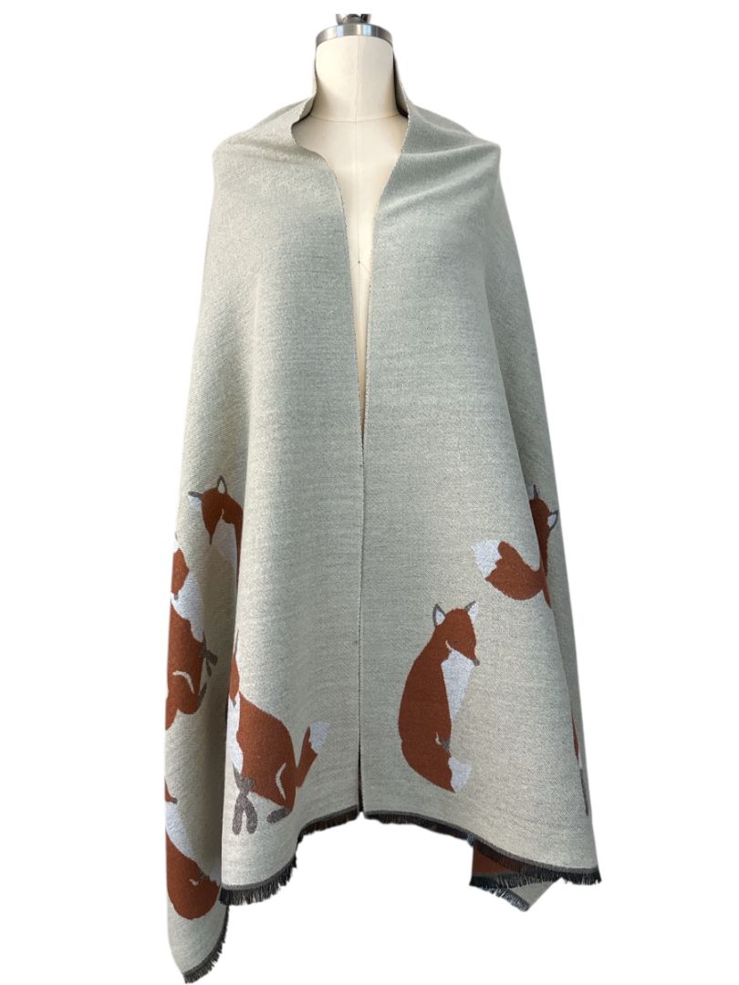 Fox Print Wool Blend Shawl Scarf - Beige / One Size NEW