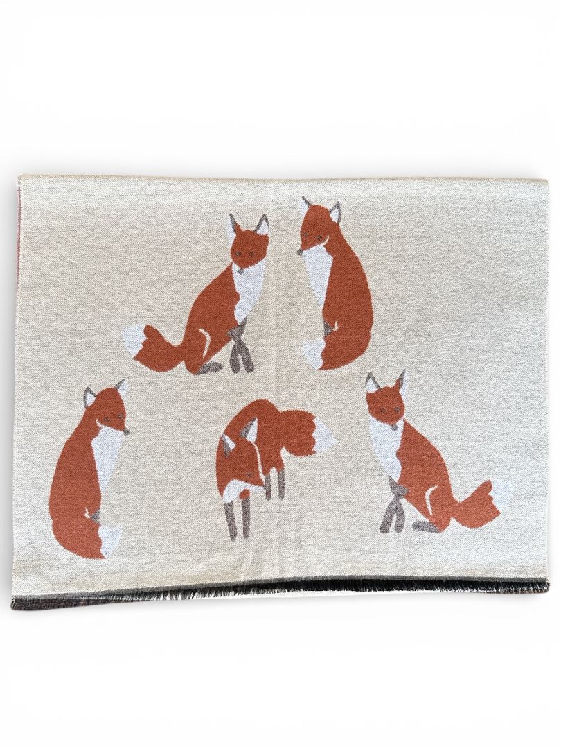 Fox Print Wool Blend Shawl Scarf - Beige / One Size NEW