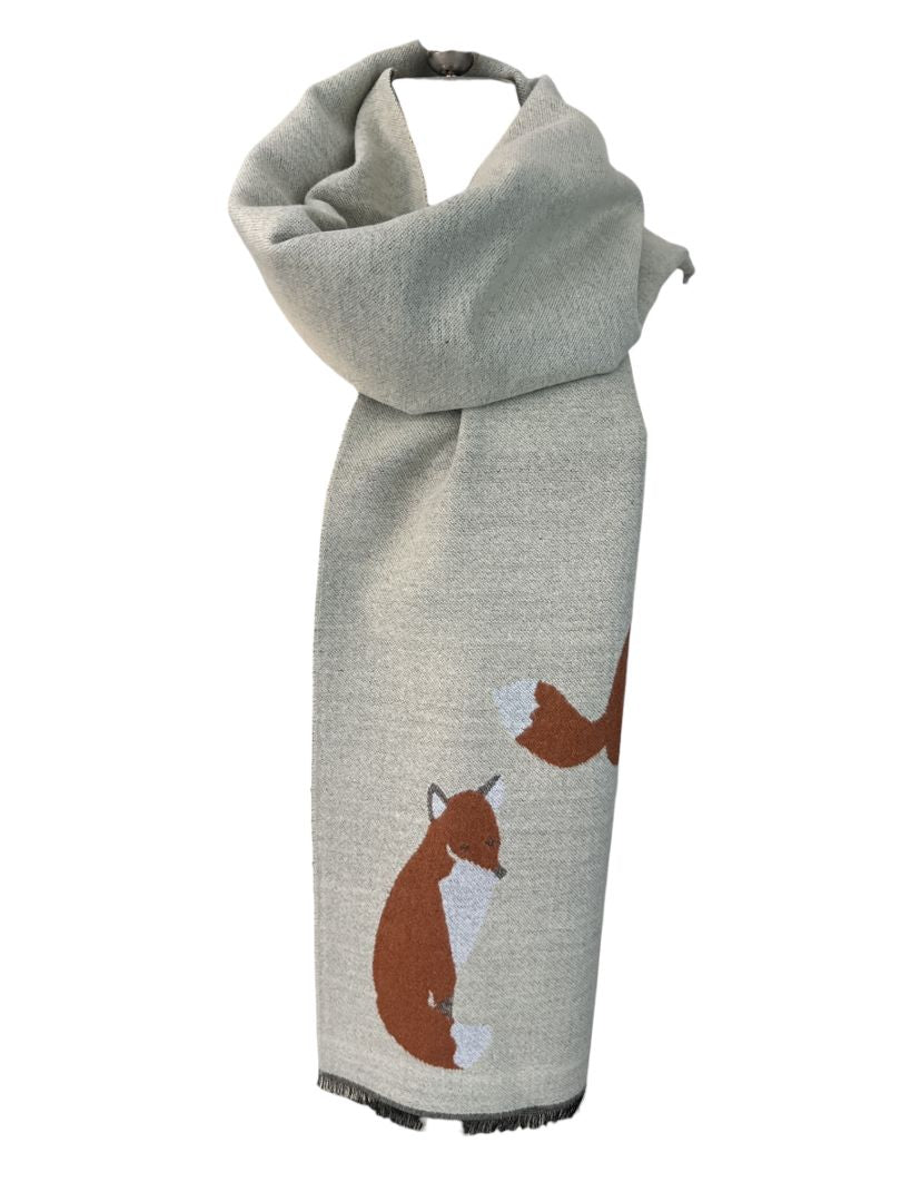 Fox Print Wool Blend Shawl Scarf - Beige / One Size NEW
