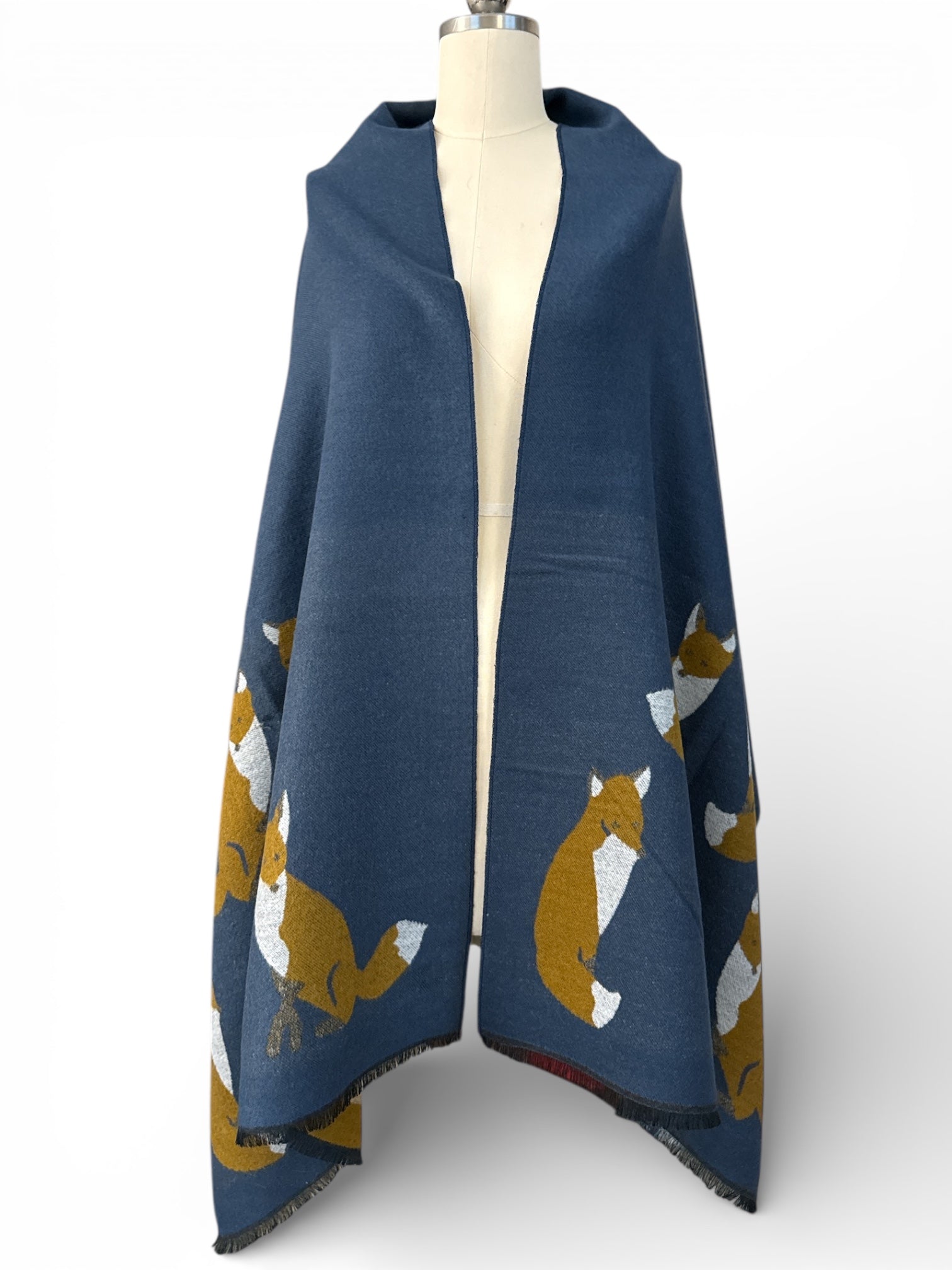 Fox Print Wool Blend Shawl Scarf - Blue / One Size NEW