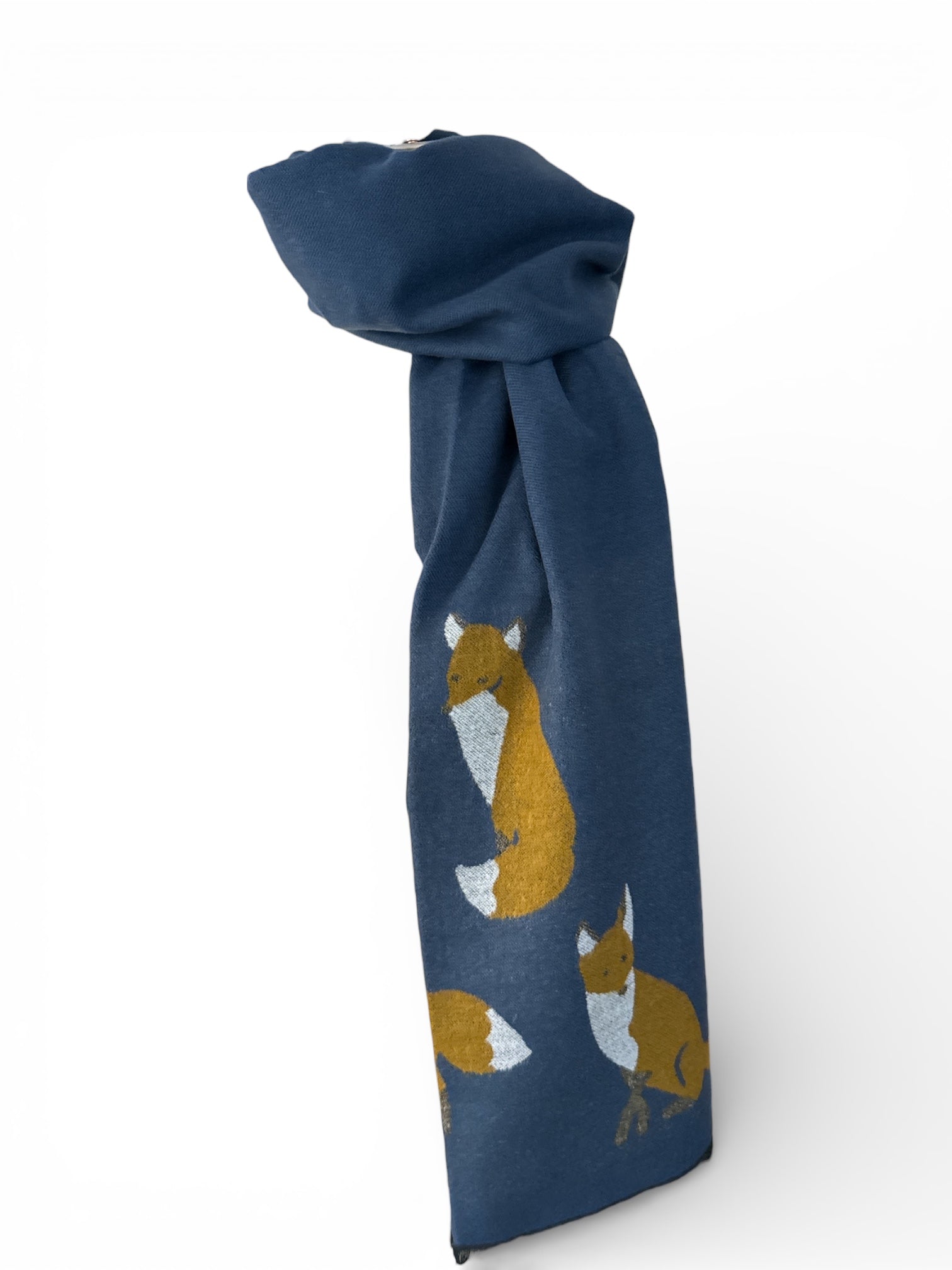 Fox Print Wool Blend Shawl Scarf - Blue / One Size NEW