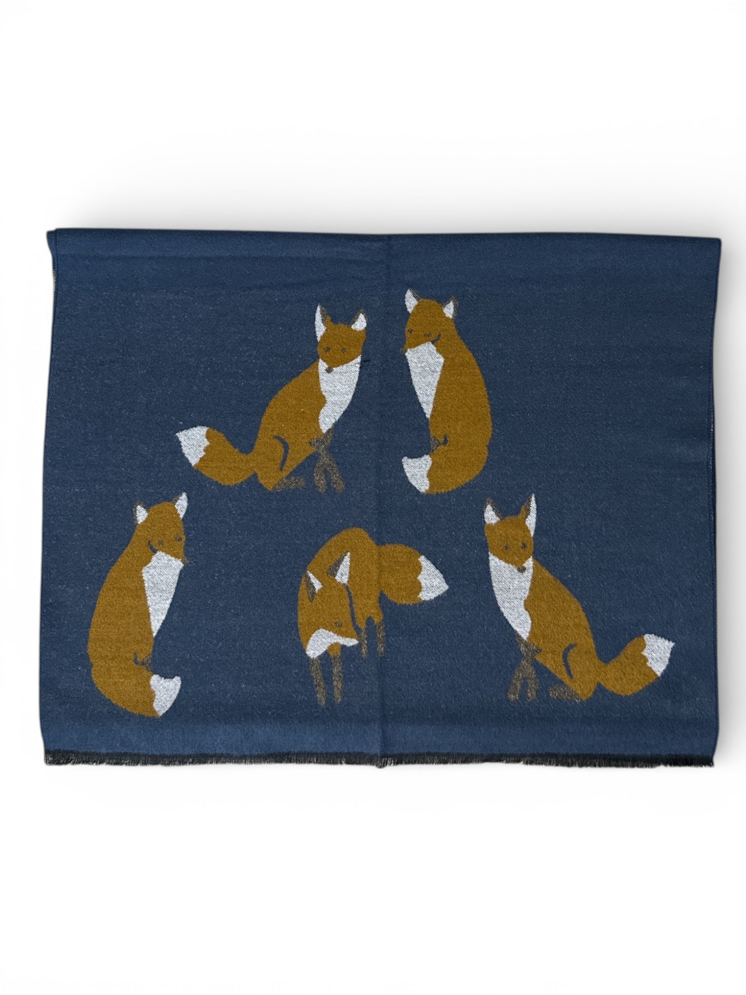 Fox Print Wool Blend Shawl Scarf - Blue / One Size NEW