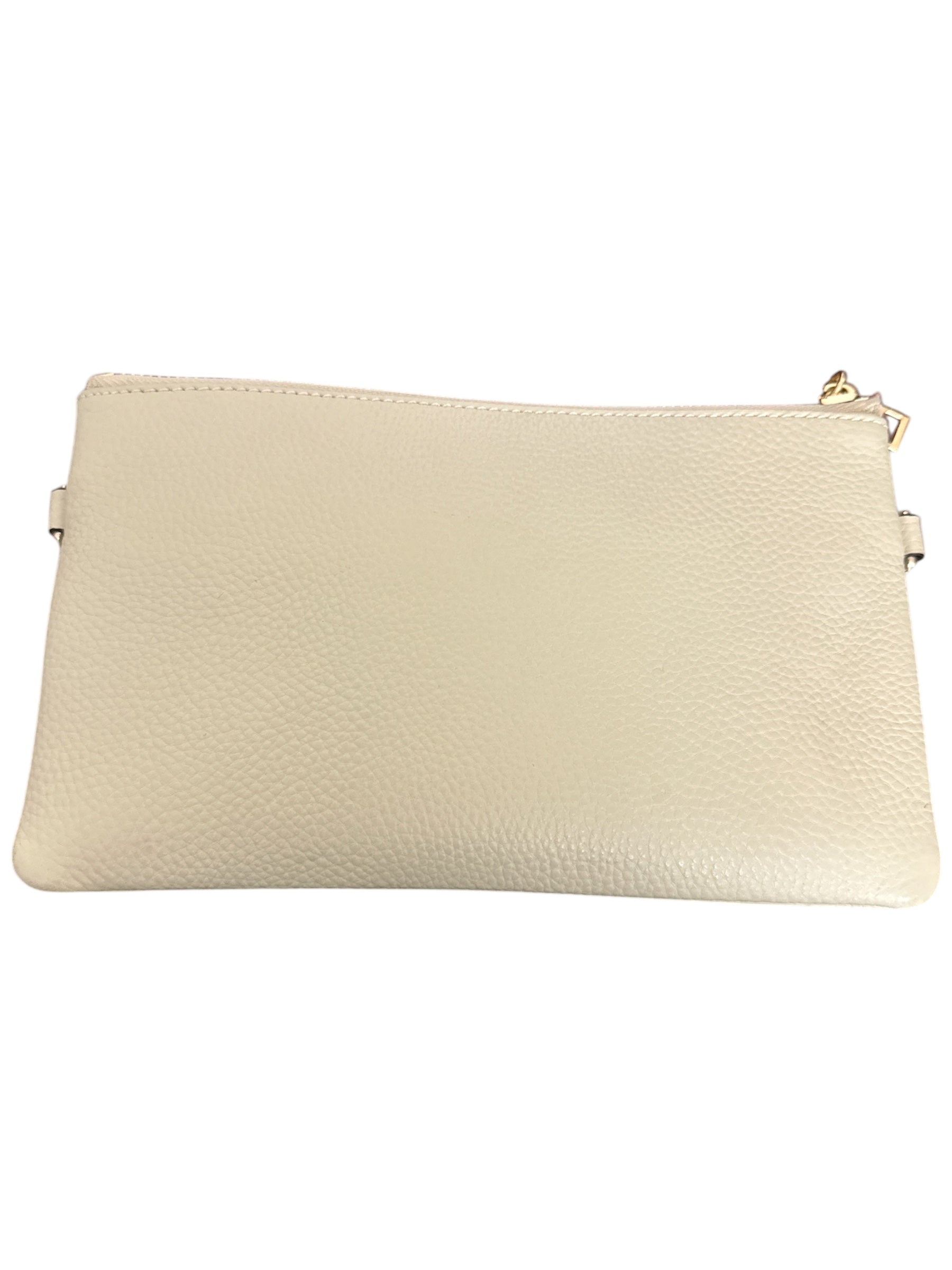 Beige clutch bag with gold zipper on a white background