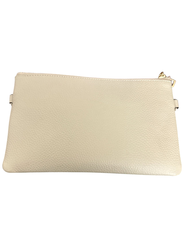 Beige clutch bag with gold zipper on a white background