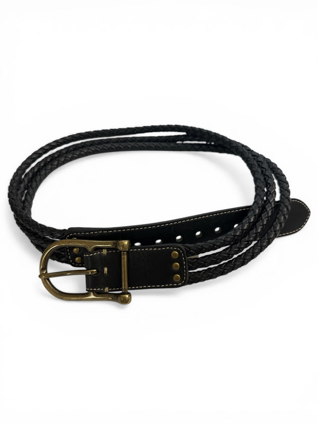Black leather belt with a brass buckle on a white background