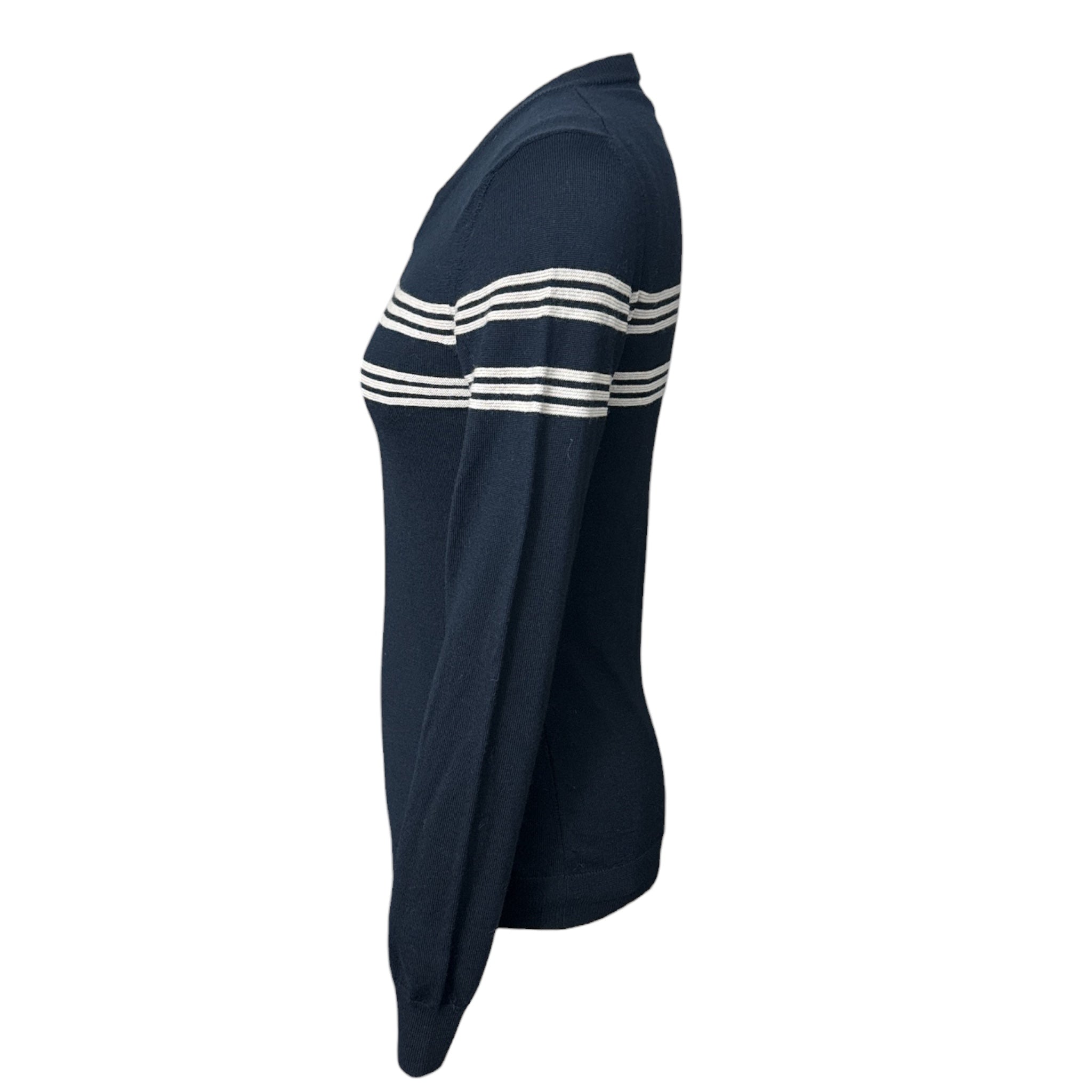Navy blue long-sleeve shirt with white stripes on a white background