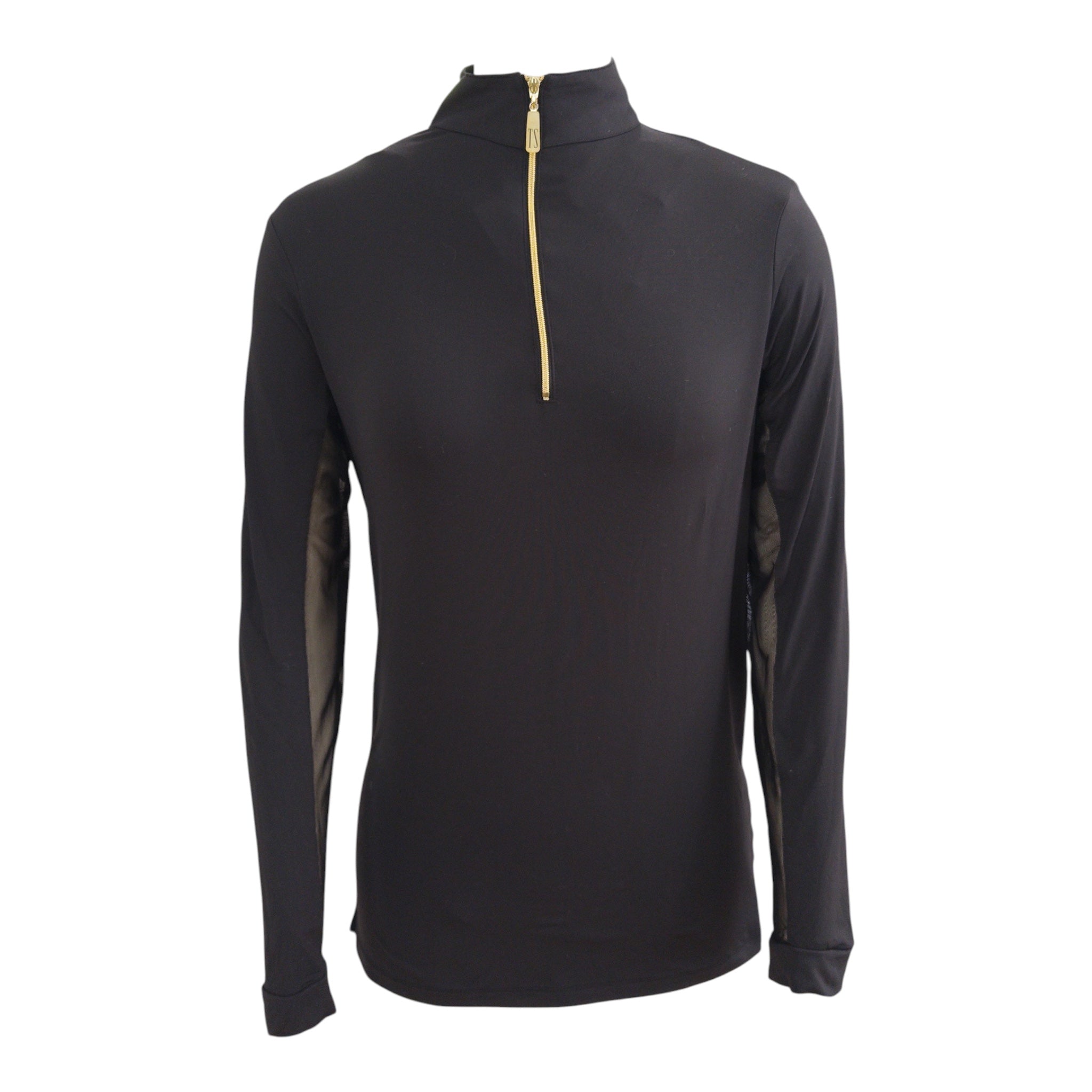 A black long-sleeve quarter-zip athletic top with a gold zipper pull, shown on a white background.