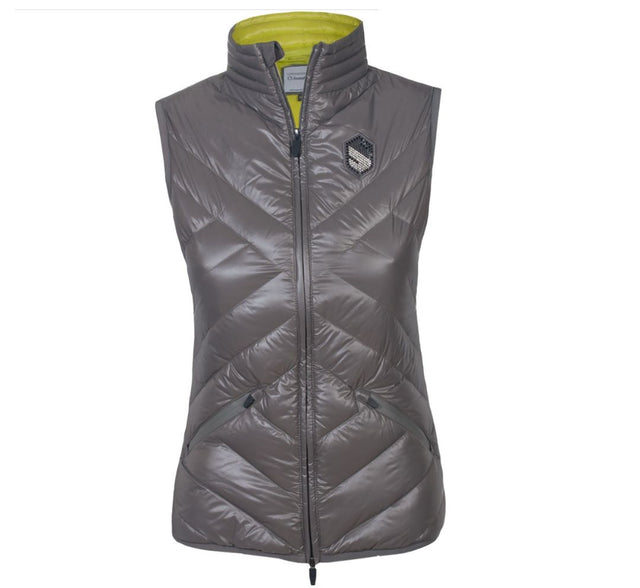 A gray Samshield women's down vest with green accents, featuring a zipper front and a brand logo on the chest.