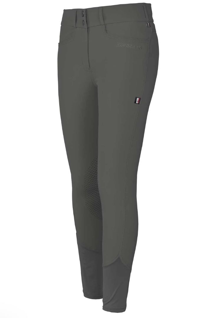 Dark gray pants with a brand logo on a white background
