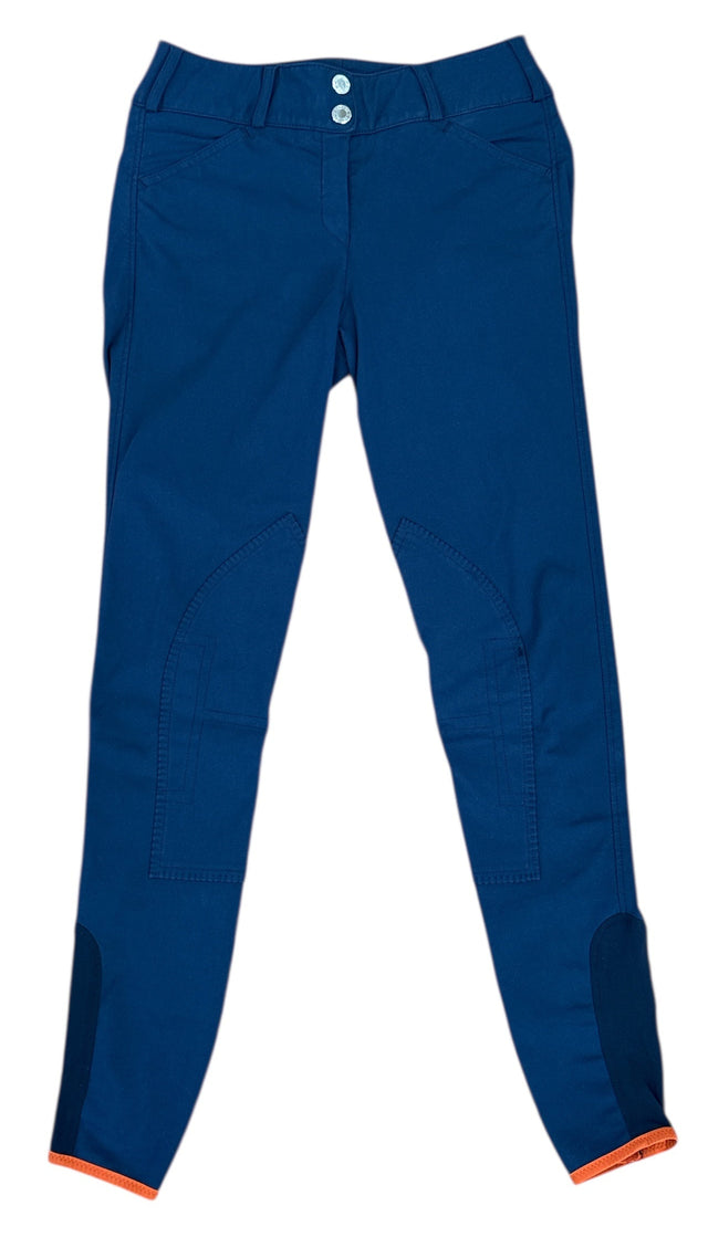 Blue pants with orange trim on a white background