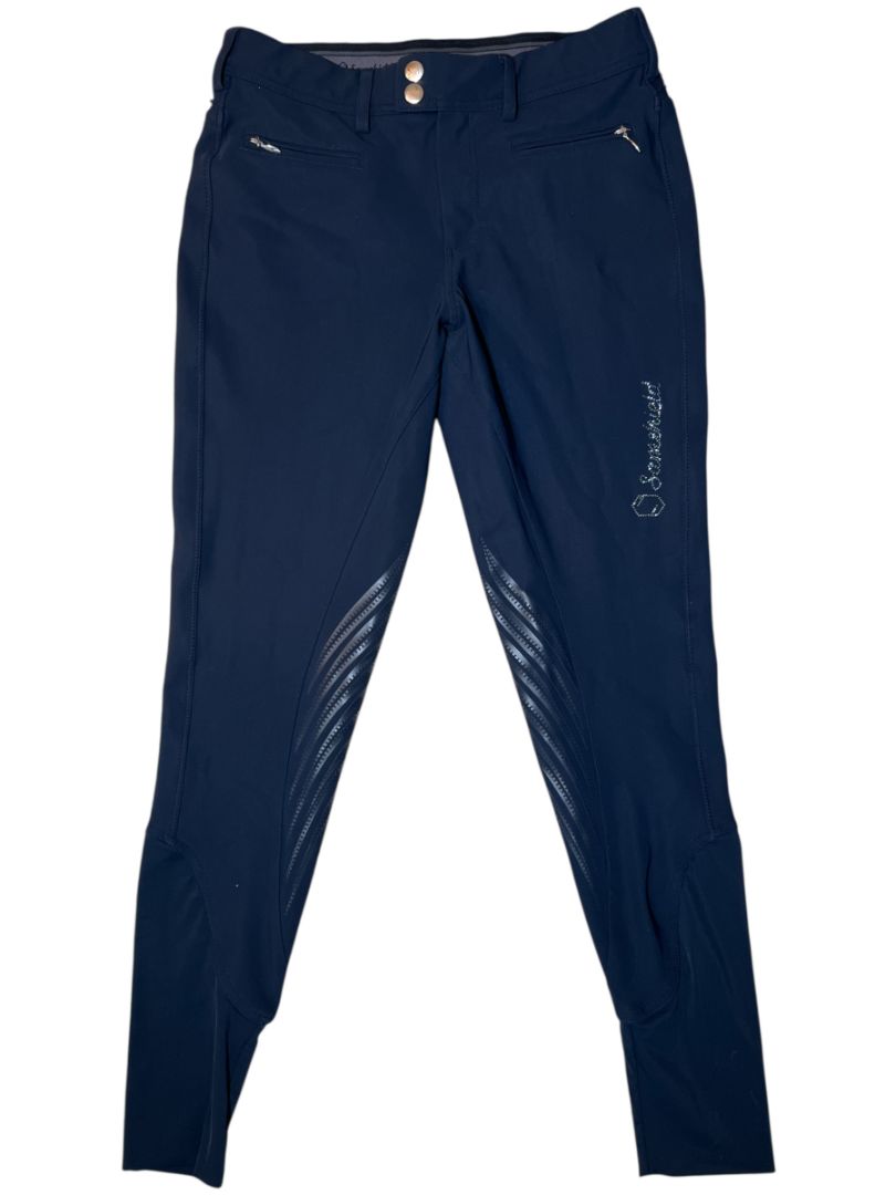 Navy blue riding pants with a brand logo on a white background