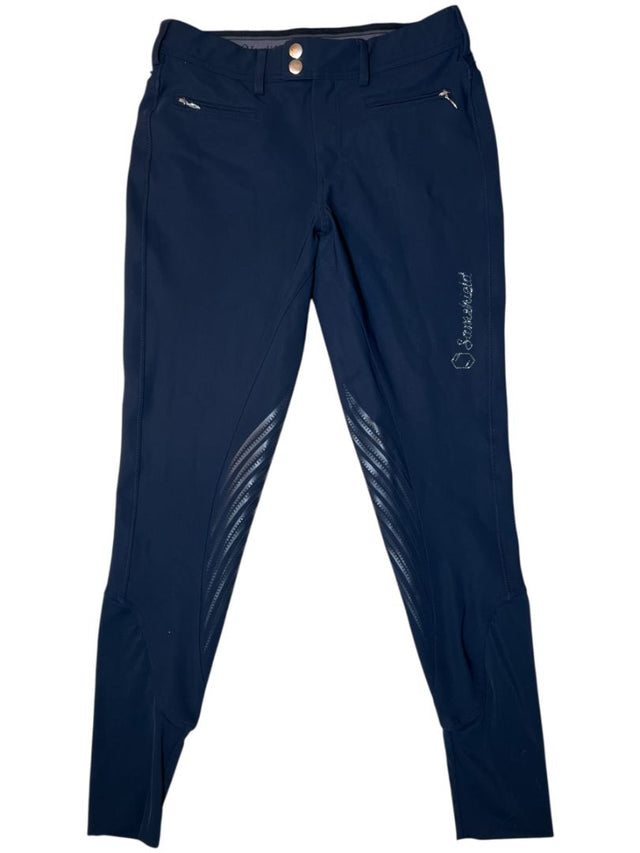 Navy blue riding pants with a brand logo on a white background