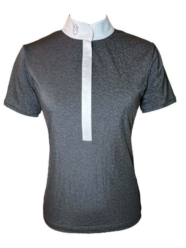 Gray short-sleeve shirt with a white collar on a white background