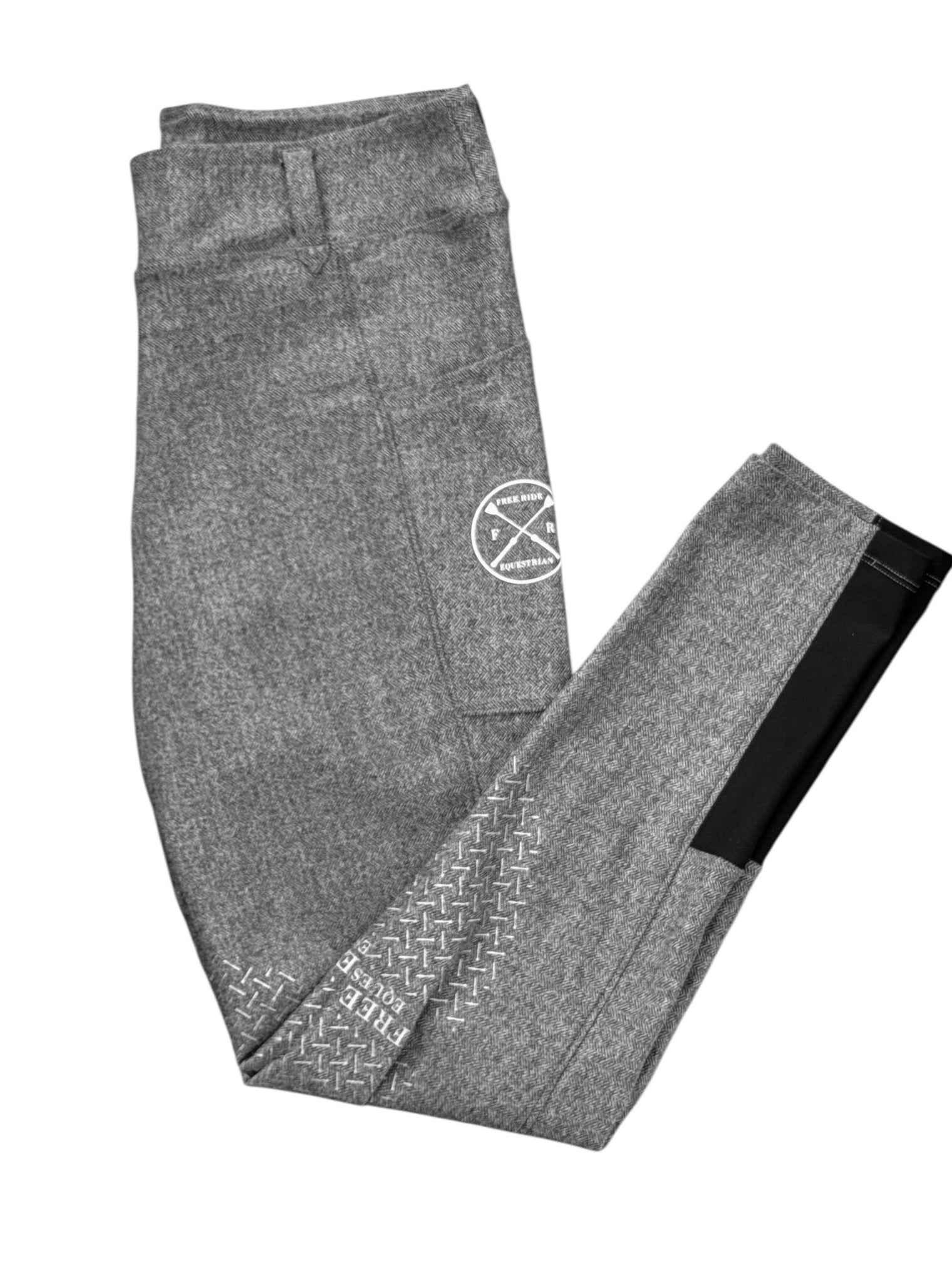 Free Ride Equestrian Lux Knee Grip Pull On Breeches, Grey Tweed Pattern, Size Large