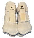 Pair of white protective horse boots with 'Gatusosos' branding on a white background