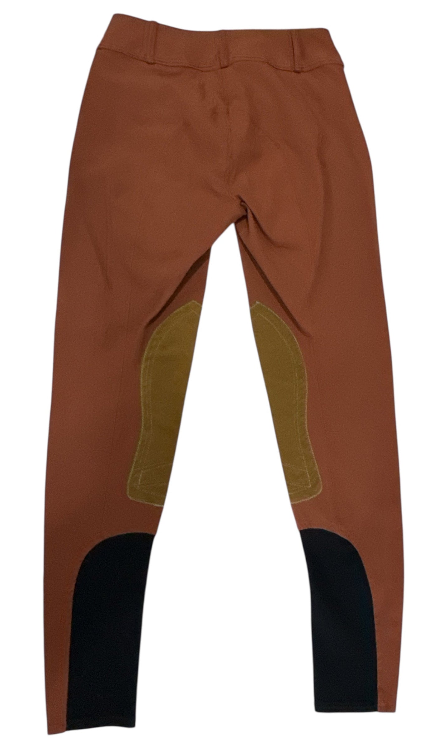 Brown riding pants with black and green accents on a white background