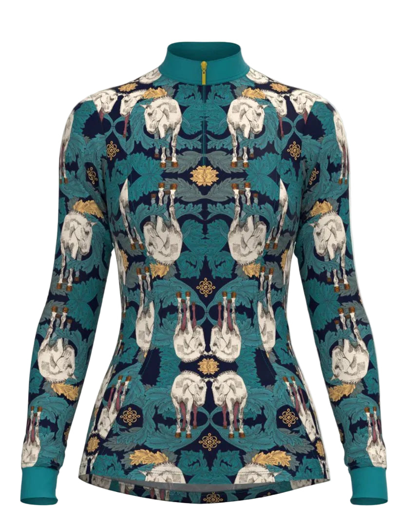 Espoir Valentinos Quarter Zip Long Sleeve Sun Shirt - Blue Horse Print / Size Large   NEW
