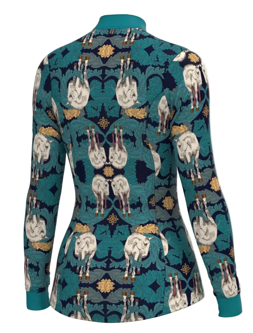 Espoir Valentinos Quarter Zip Long Sleeve Sun Shirt - Blue Horse Print / Size Large   NEW