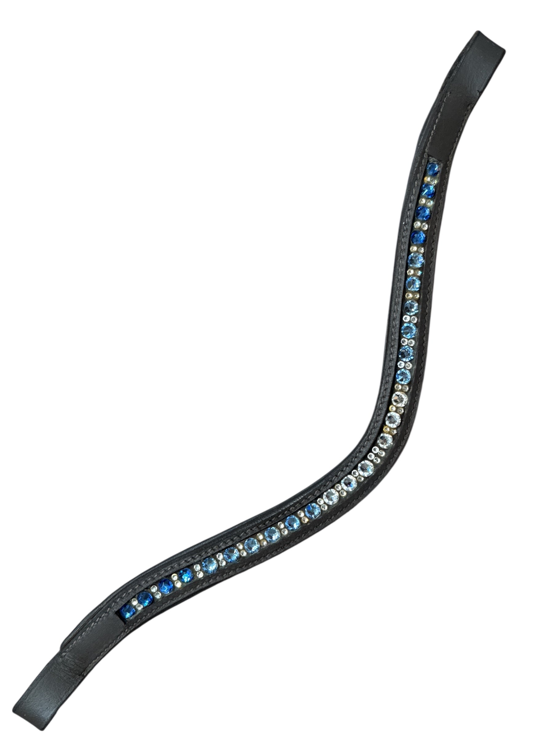 Custom V Shaped Blue Ombre Crystal Brow Band - Brown Leather / Full Size