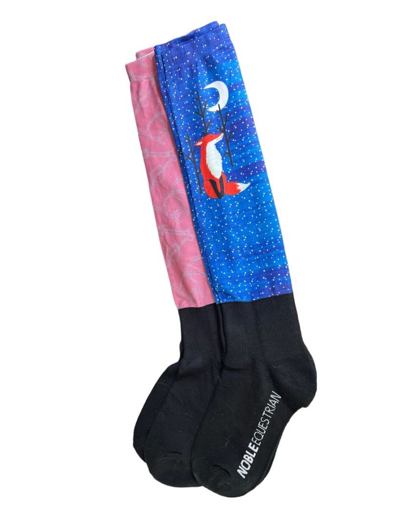 Noble Equestrian Boot Socks - (2) pairs Blue Fox and Pink Equestrian Theme Women's NEW