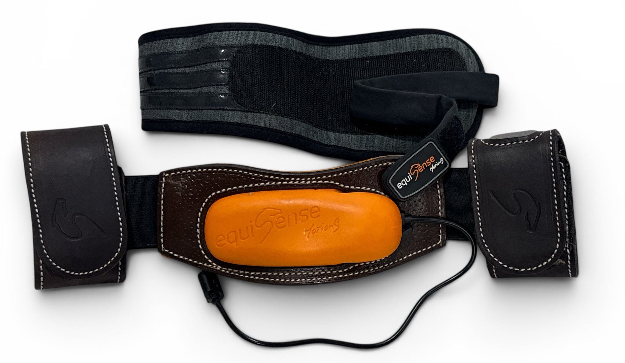 Black archery quiver with orange interior on a white background