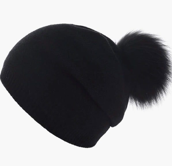 Black Cashmere Blend Fur Pom Pom Hat - New w/Tags