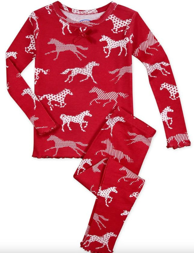 Sara's Prints Girls Snug Fit Pajamas - Red Horse Pattern / Kid's Size 8