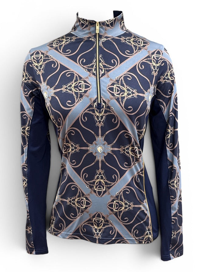 Long-sleeve top with intricate pattern on a white background